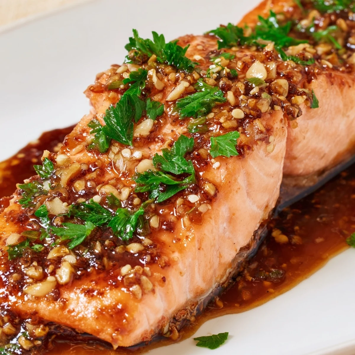 Crispy honey garlic glazed salmon resting on white plate with thick glossy coating