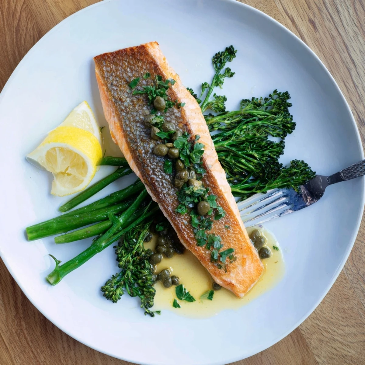 Gordon Ramsay pan fried salmon fillets served with tender broccoli and lemon butter caper sauce