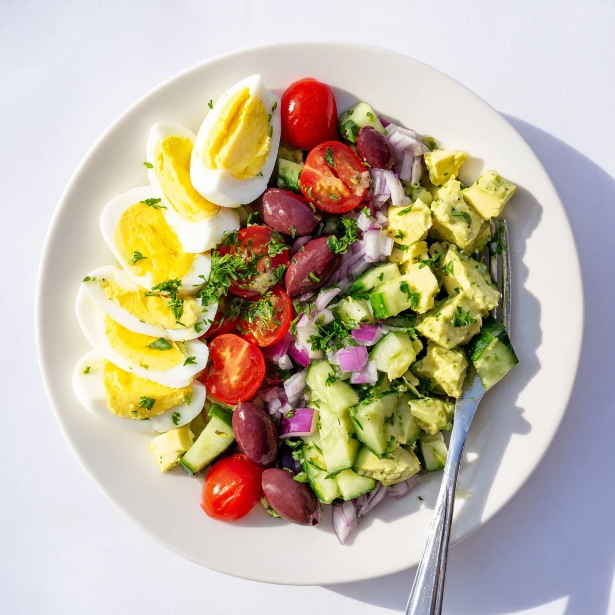 Close up of chunky avocado egg salad bowl featuring cherry tomatoes, olives, cucumber and bright parsley garnish