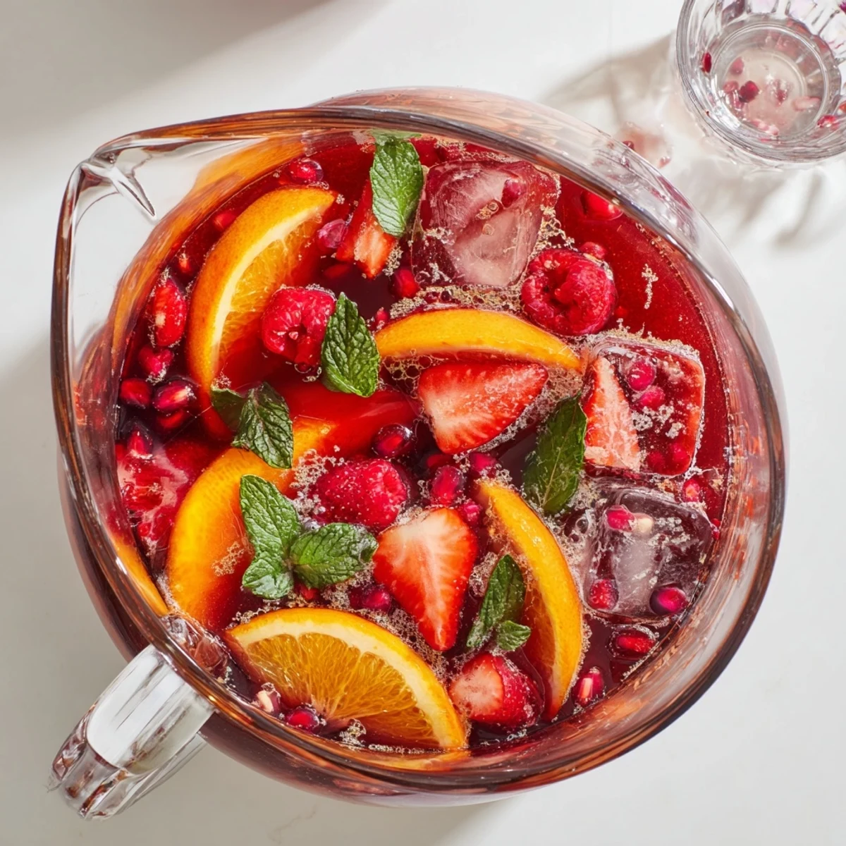 Refreshing Love Potion Punch served in a clear glass pitcher with floating strawberries and mint