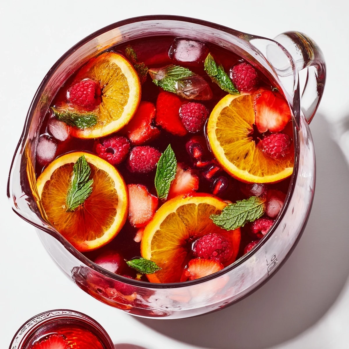 Pink Love Potion Punch with ice and colorful fruit garnishes ready for romantic celebrations