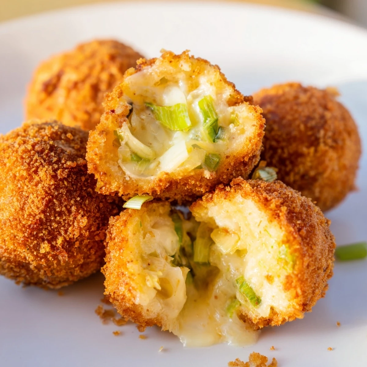 Golden crispy cheesy fried colcannon balls served on a white plate with dipping sauce