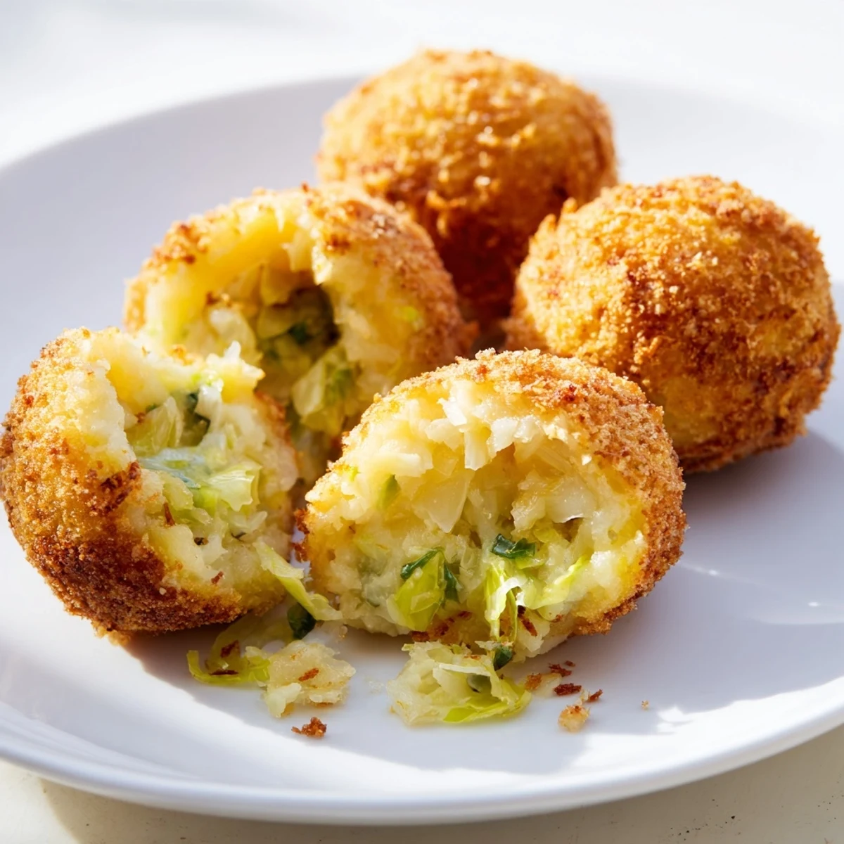 Crispy pan-fried colcannon balls with melted cheddar center alongside fresh scallion garnish