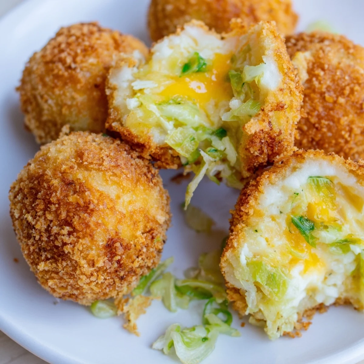 Plate of golden brown cheesy fried colcannon balls with visible cabbage and scallions
