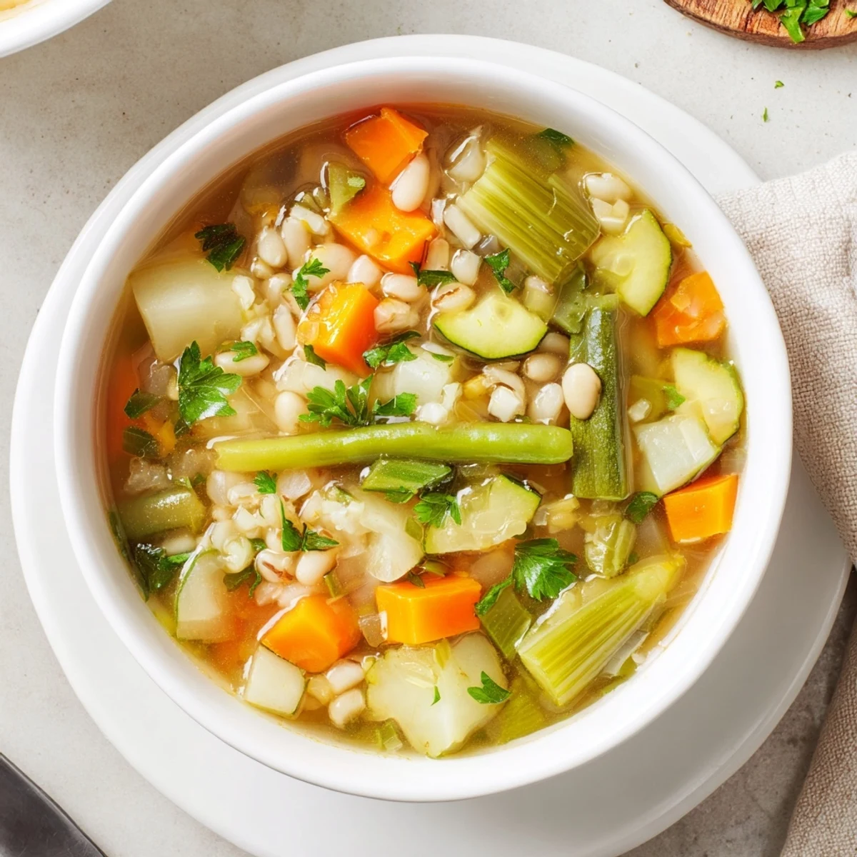 Rustic stone soup bubbling in a large pot with colorful diced vegetables and white beans