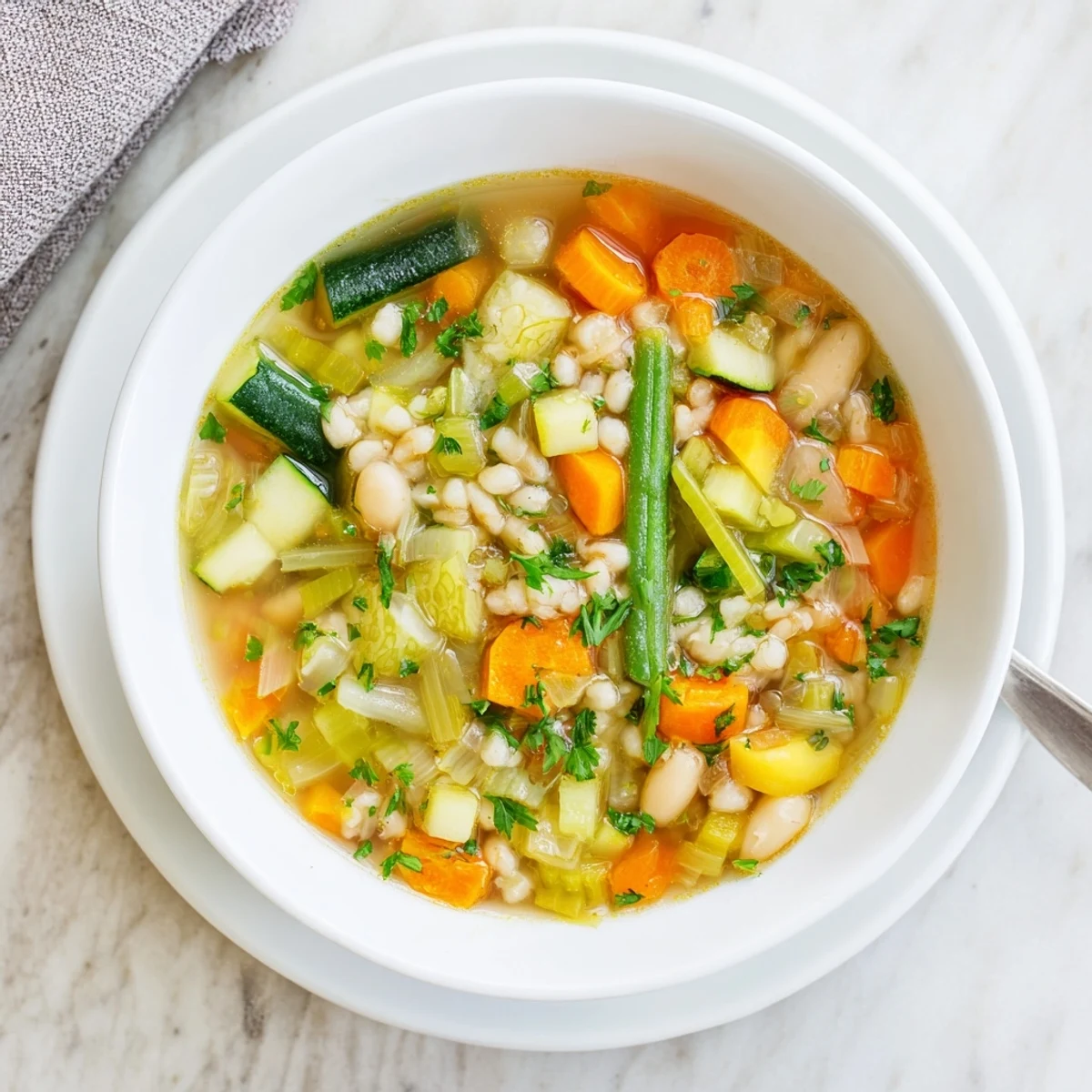 Hearty vegetable stone soup ladled into bowls garnished with fresh parsley and crusty bread