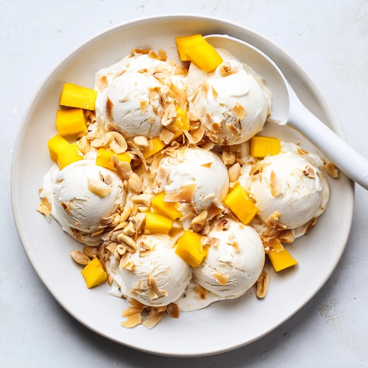 Vegan Thai coconut milk ice cream swirled with diced ripe mango in a chilled glass serving dish