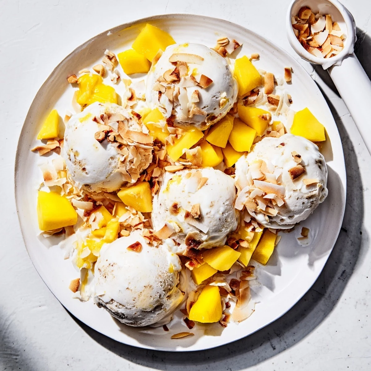 Creamy Thai coconut milk ice cream scooped into a bowl with toasted coconut flakes garnish