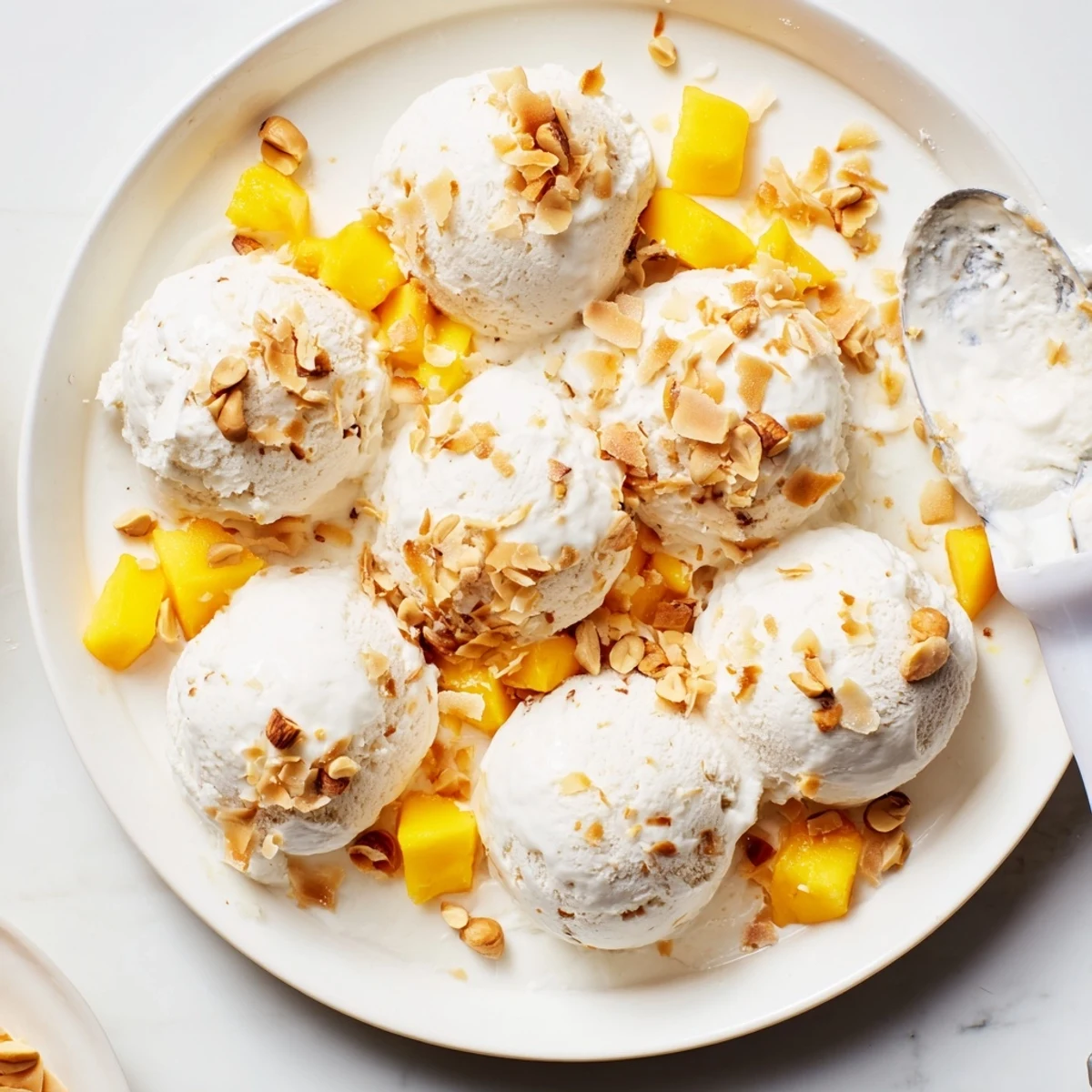 Rich dairy-free Thai coconut milk ice cream topped with crunchy roasted peanuts on a wooden dessert board