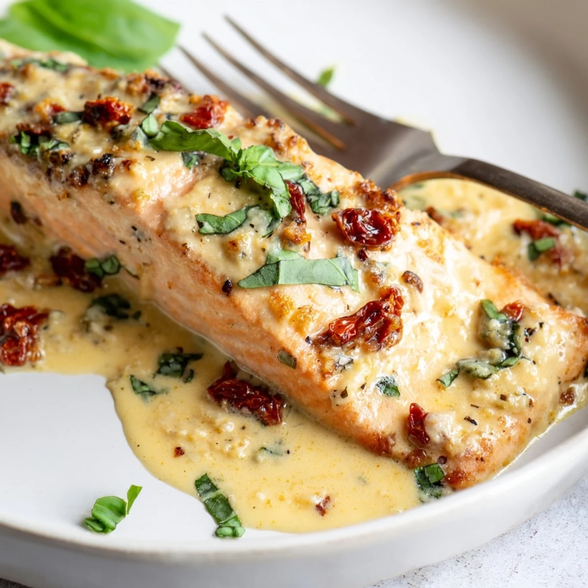 Golden pan-seared salmon fillets draped in rich Parmesan cream sauce with sun-dried tomatoes