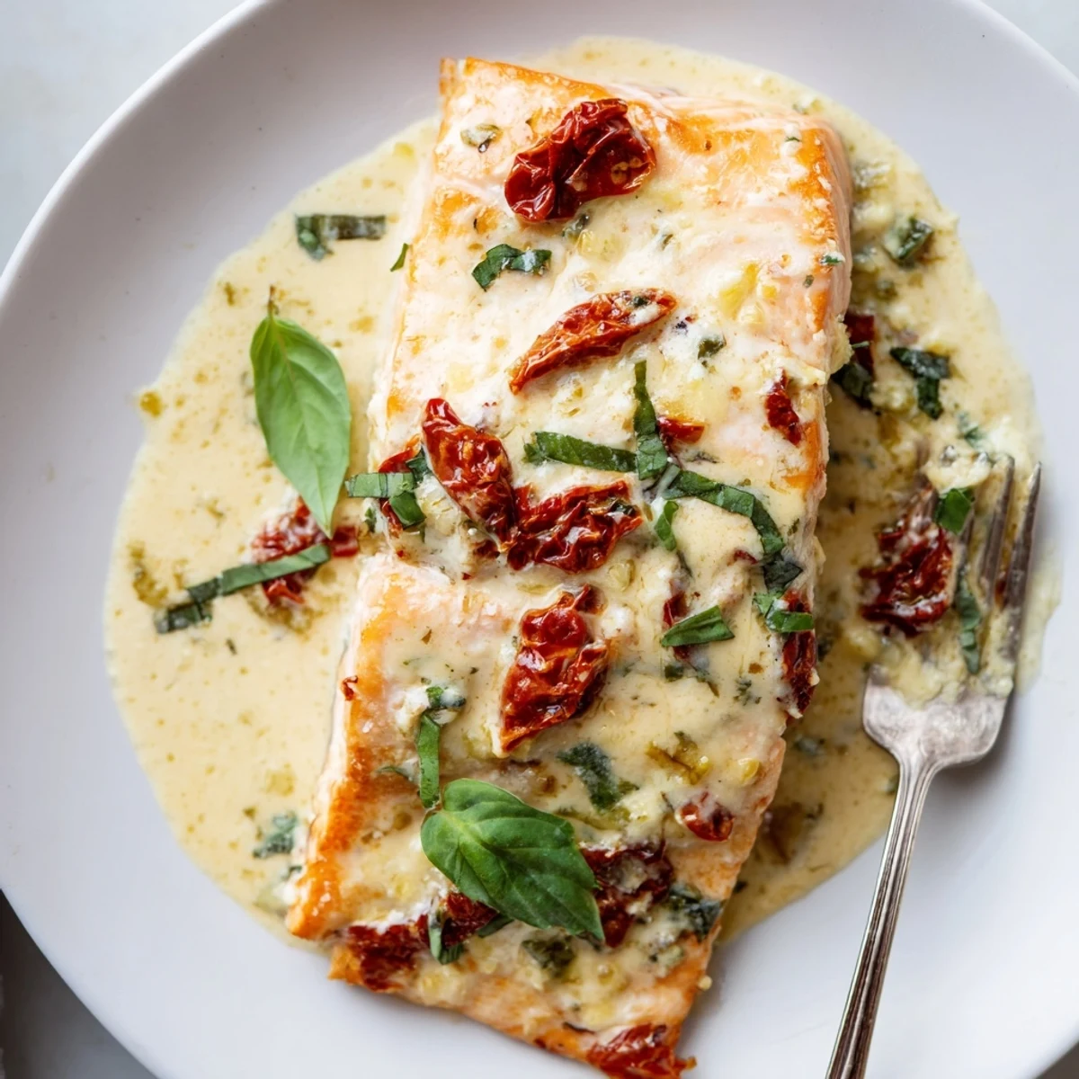 Perfectly cooked salmon swimming in velvety white sauce topped with vibrant green basil garnish