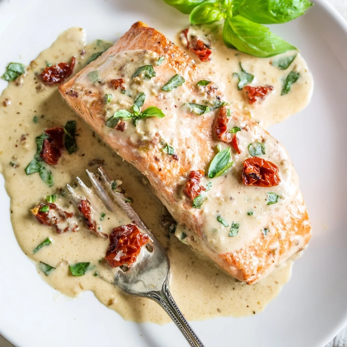 Creamy Marry Me Salmon plated with fresh herbs and tangy sun-dried tomato garlic sauce
