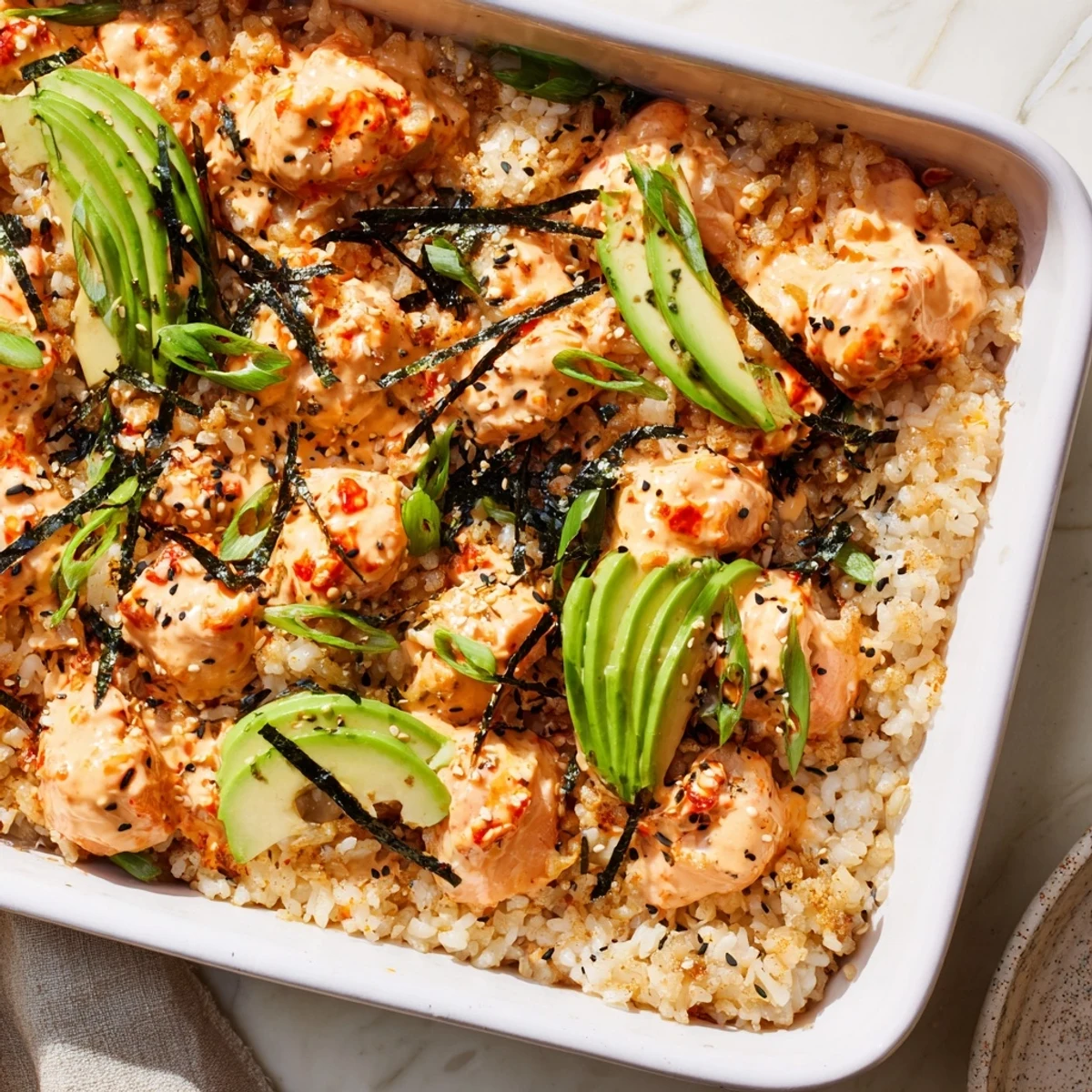 Flaky salmon sushi bake with sriracha mayo on seasoned sushi rice