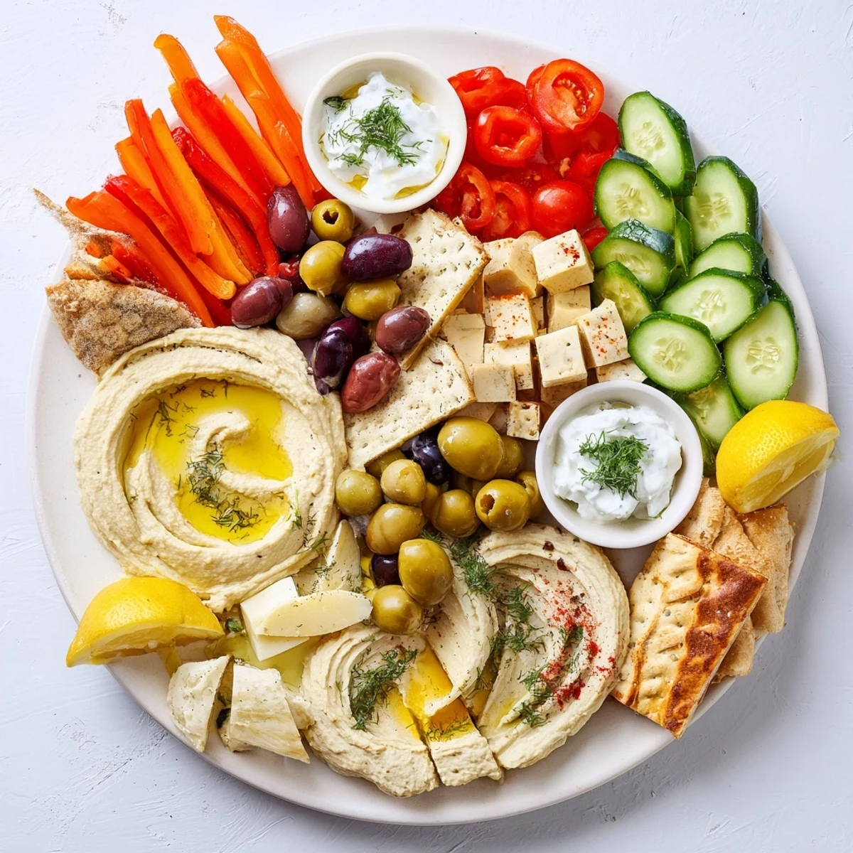 Generous sharing platter of Mediterranean Mezze Tapas with feta cheese, cherry tomatoes, tzatziki dip, and crisp breads arranged for gatherings