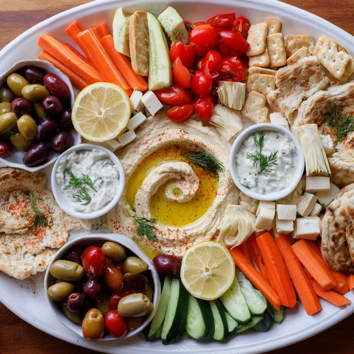 Colorful Mediterranean Mezze Tapas Platter featuring creamy hummus, fresh vegetables, olives, and warm pita bread on a wooden serving board