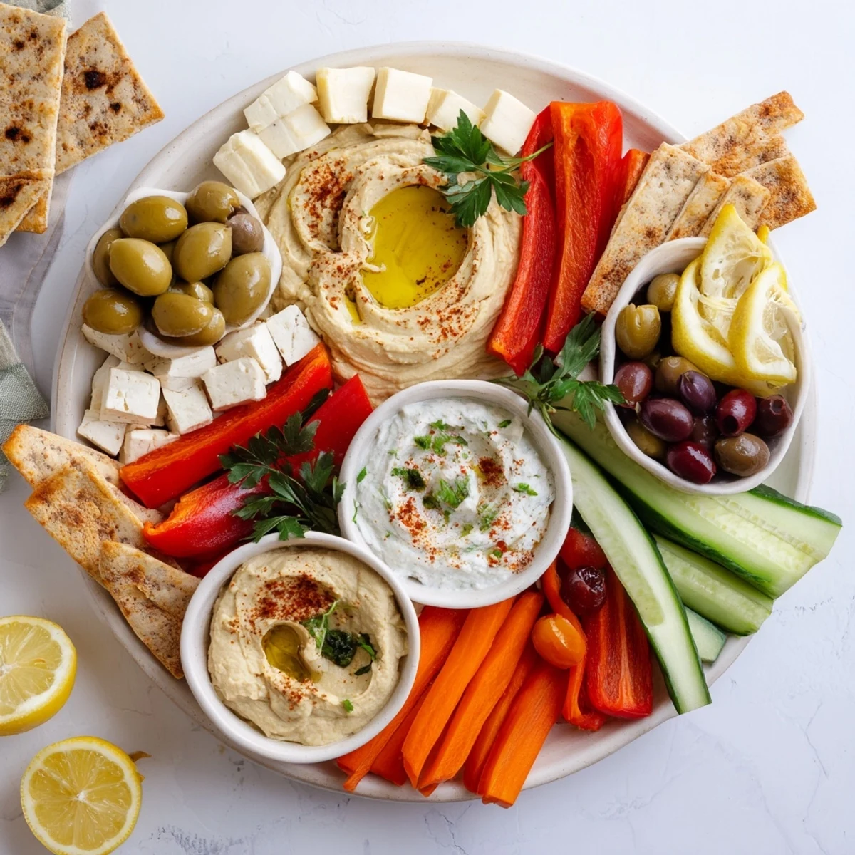 Vibrant Mediterranean appetizer spread displaying baba ganoush, sliced bell peppers, halloumi, and artichoke hearts on a rustic platter