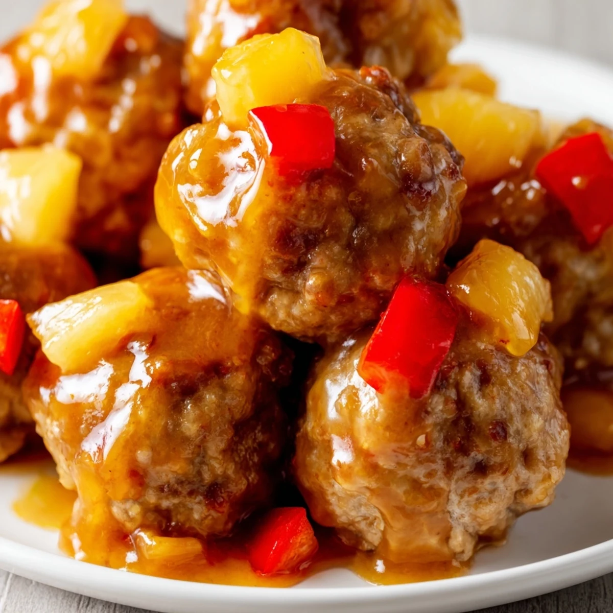 Golden pineapple chicken meatballs simmered in glossy sweet tangy sauce with red pepper chunks