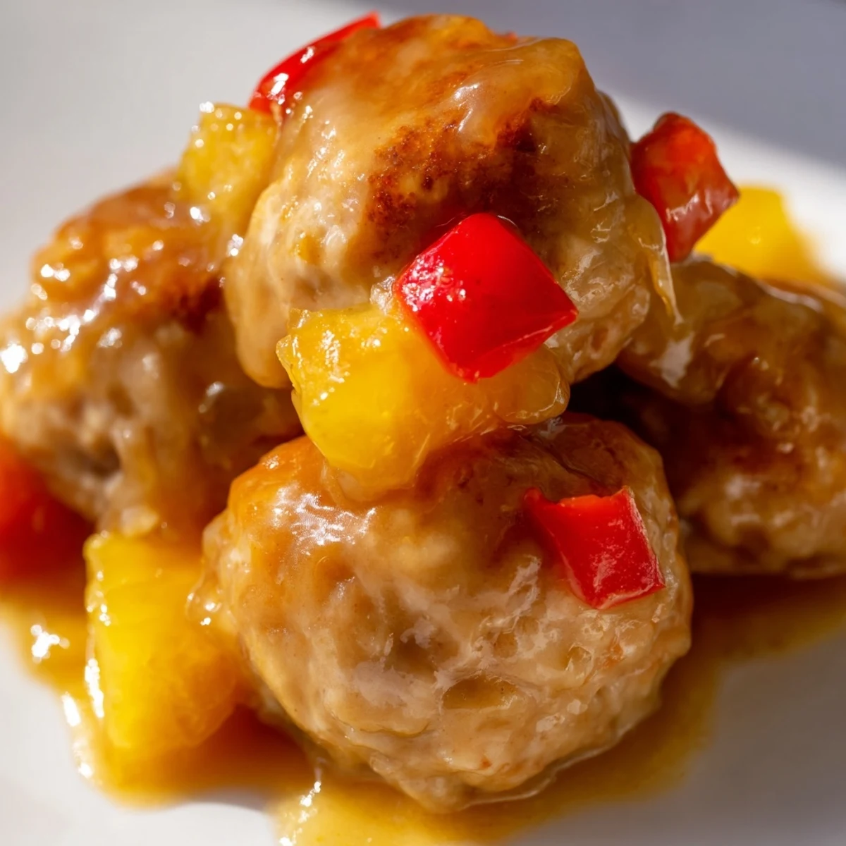 Baked chicken or turkey meatballs tossed in vibrant pineapple sauce with colorful bell pepper pieces