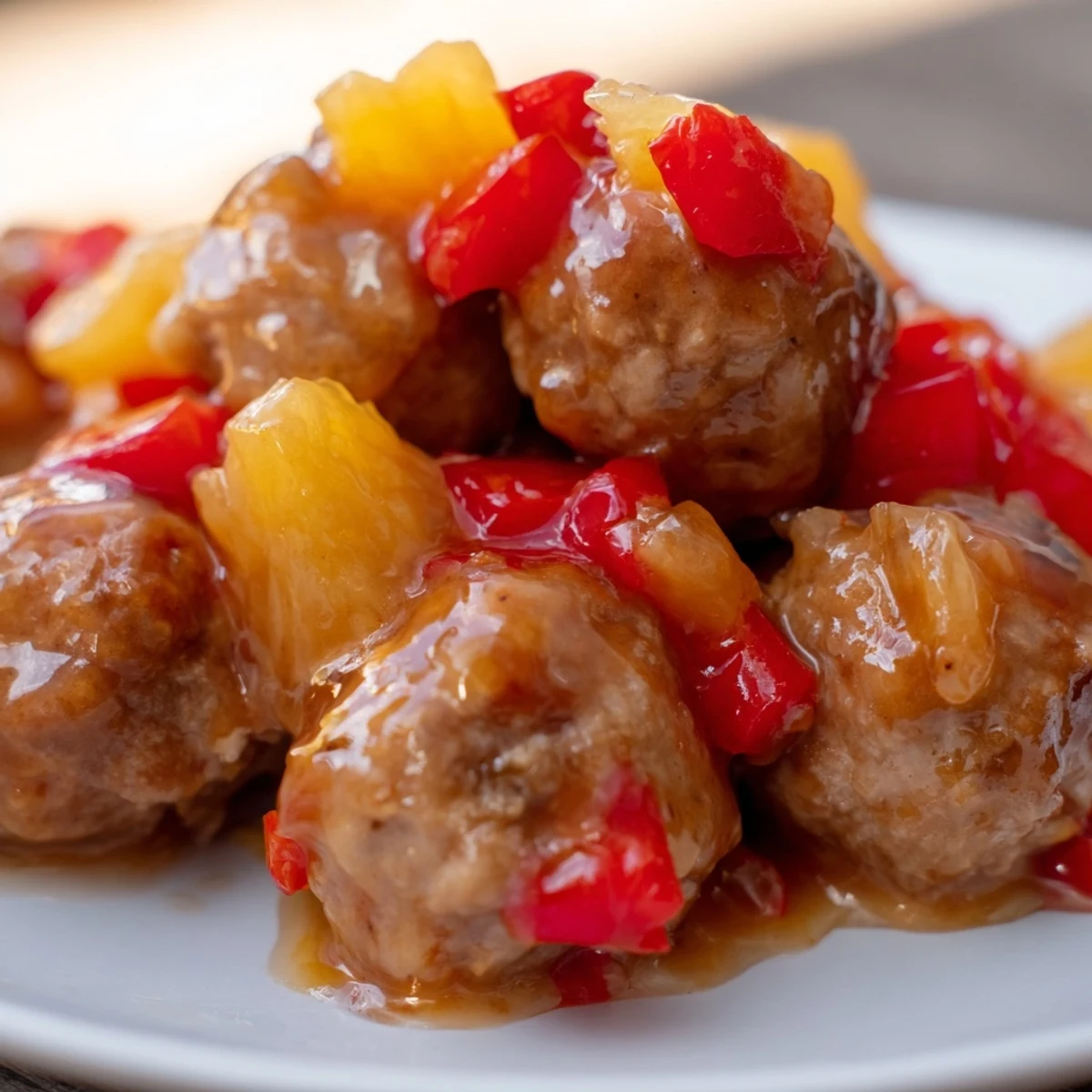 Tender turkey pineapple meatballs coated in thick brown sugar glaze over steaming white rice