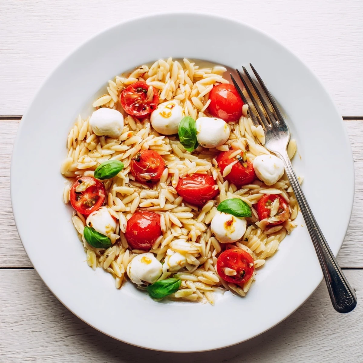 Colorful Caprese orzo pasta salad with cherry tomatoes, mozzarella balls, and fresh basil leaves tossed in balsamic vinaigrette