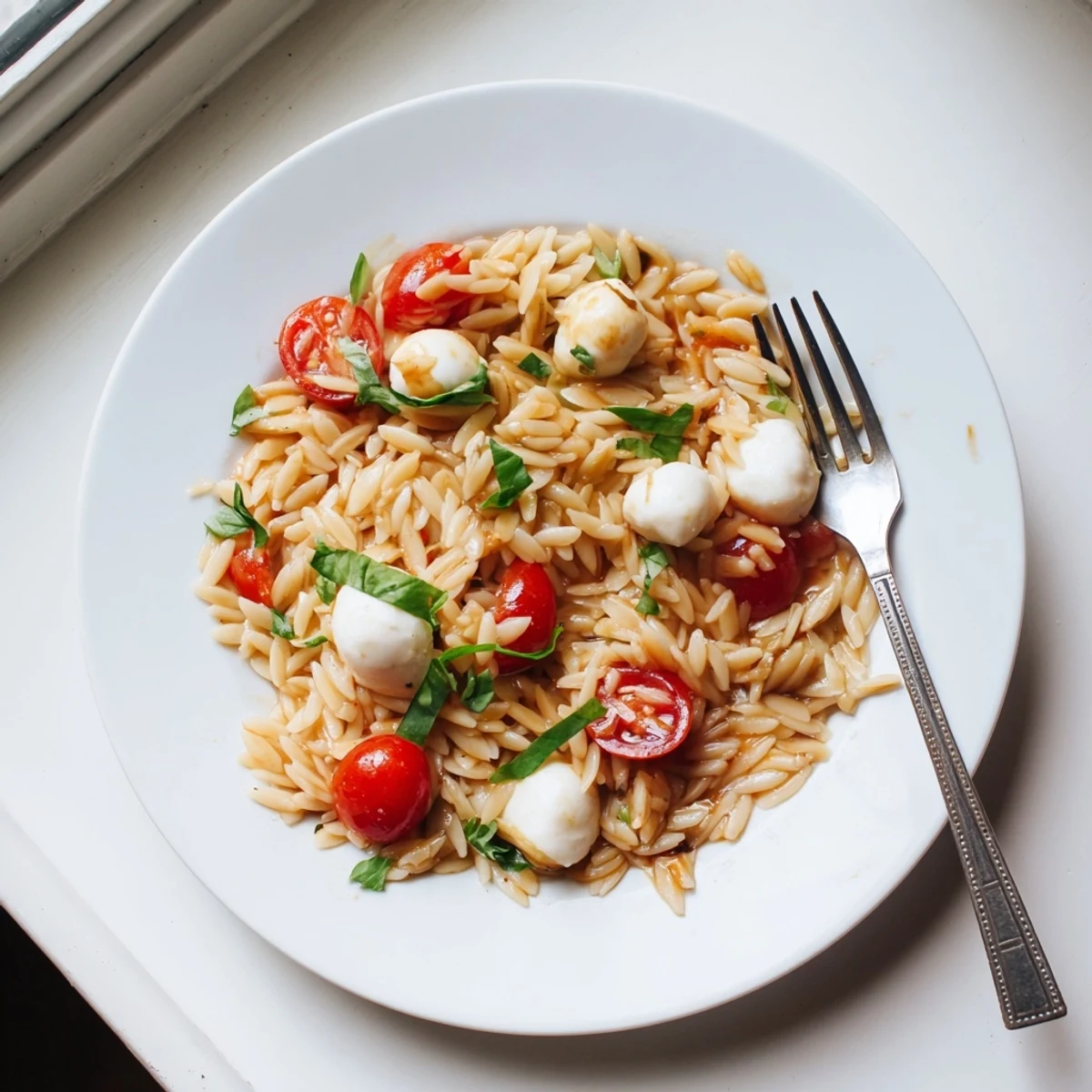 Fresh Caprese orzo pasta salad plated in white bowl featuring tender pasta pearls, halved cherry tomatoes, and bocconcini