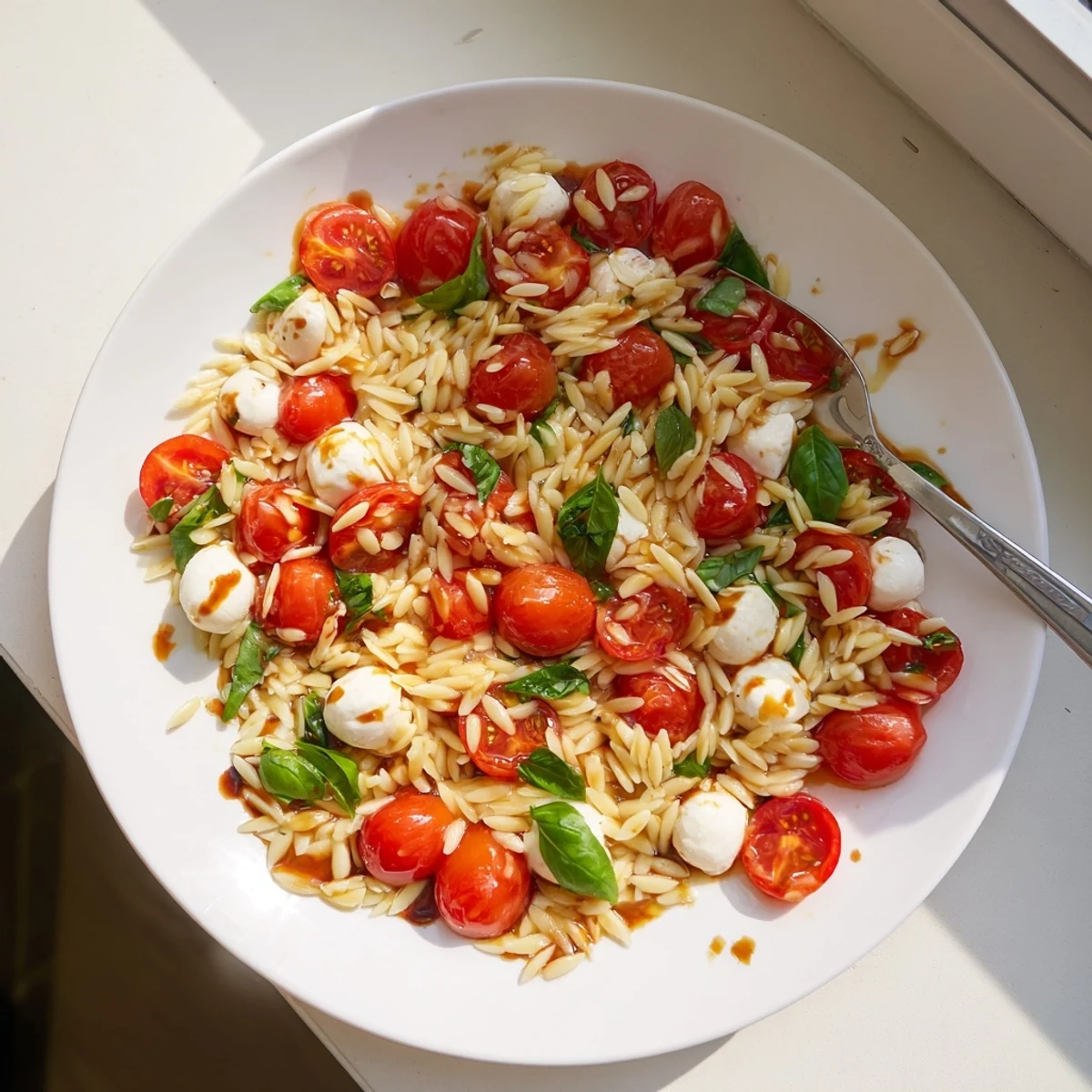 Summer Caprese orzo pasta salad with juicy tomatoes, creamy mozzarella, and fragrant basil coated in tangy balsamic dressing