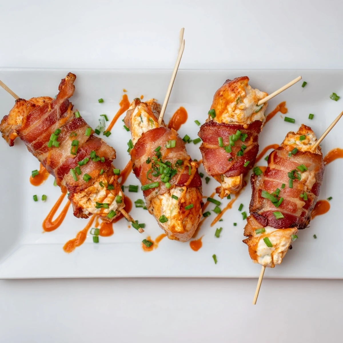 Juicy stuffed buffalo chicken bombs with crispy bacon edges on a white serving platter
