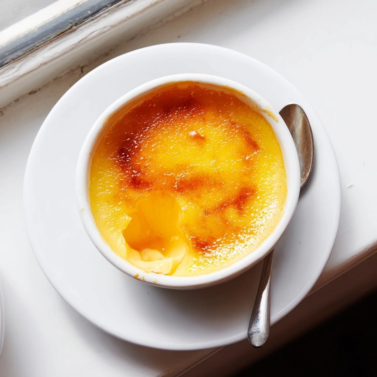 Golden cracked sugar tops creamy Easy Persimmon Crème Brûlée served in white ramekins