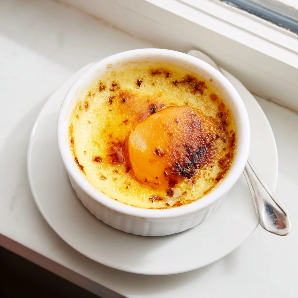 Individual Easy Persimmon Crème Brûlée desserts with glossy burnt sugar topping on golden custard