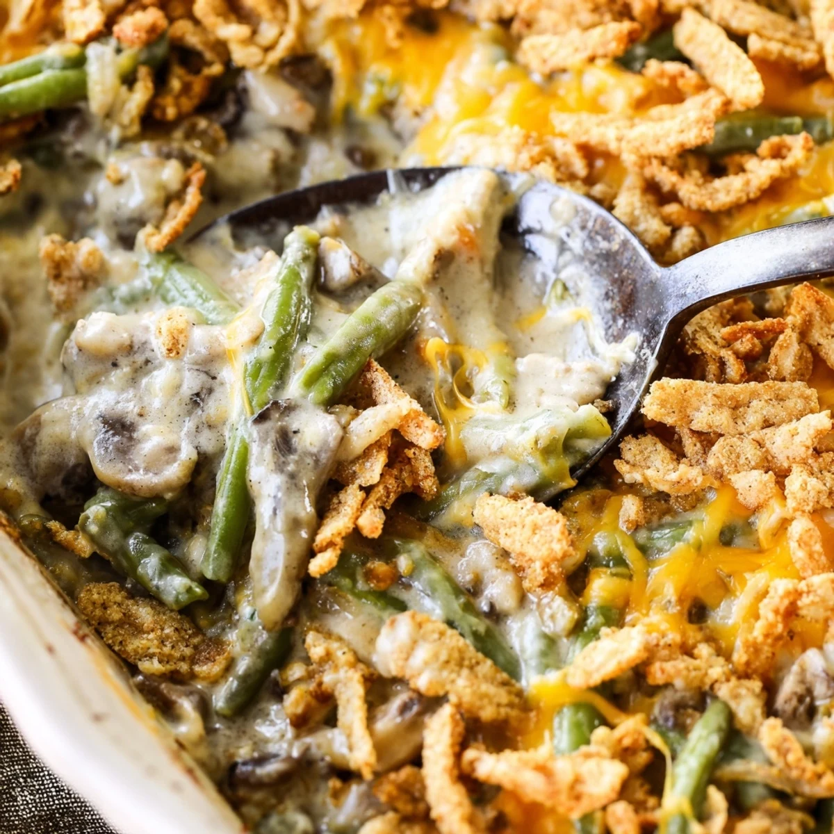 Golden green bean casserole with creamy mushroom sauce and buttery Ritz cracker topping
