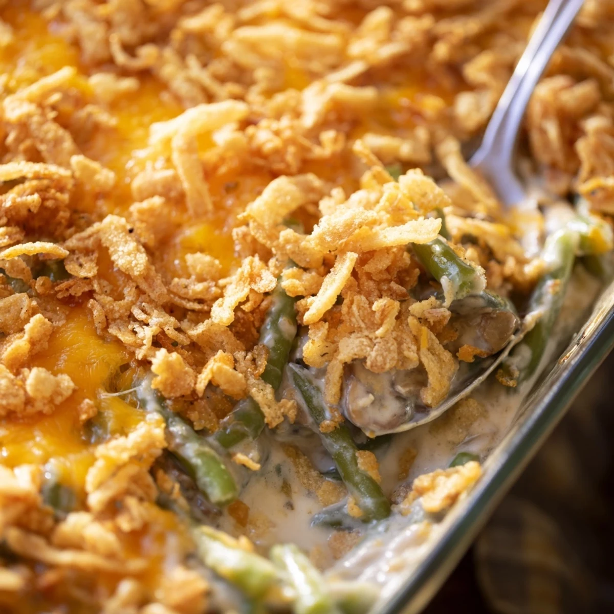 Homemade green bean casserole bubbling in a baking dish with crispy cracker crumbs