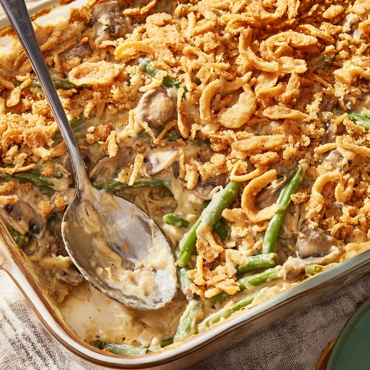 Classic holiday green bean casserole topped with melted Ritz crackers and fried onions
