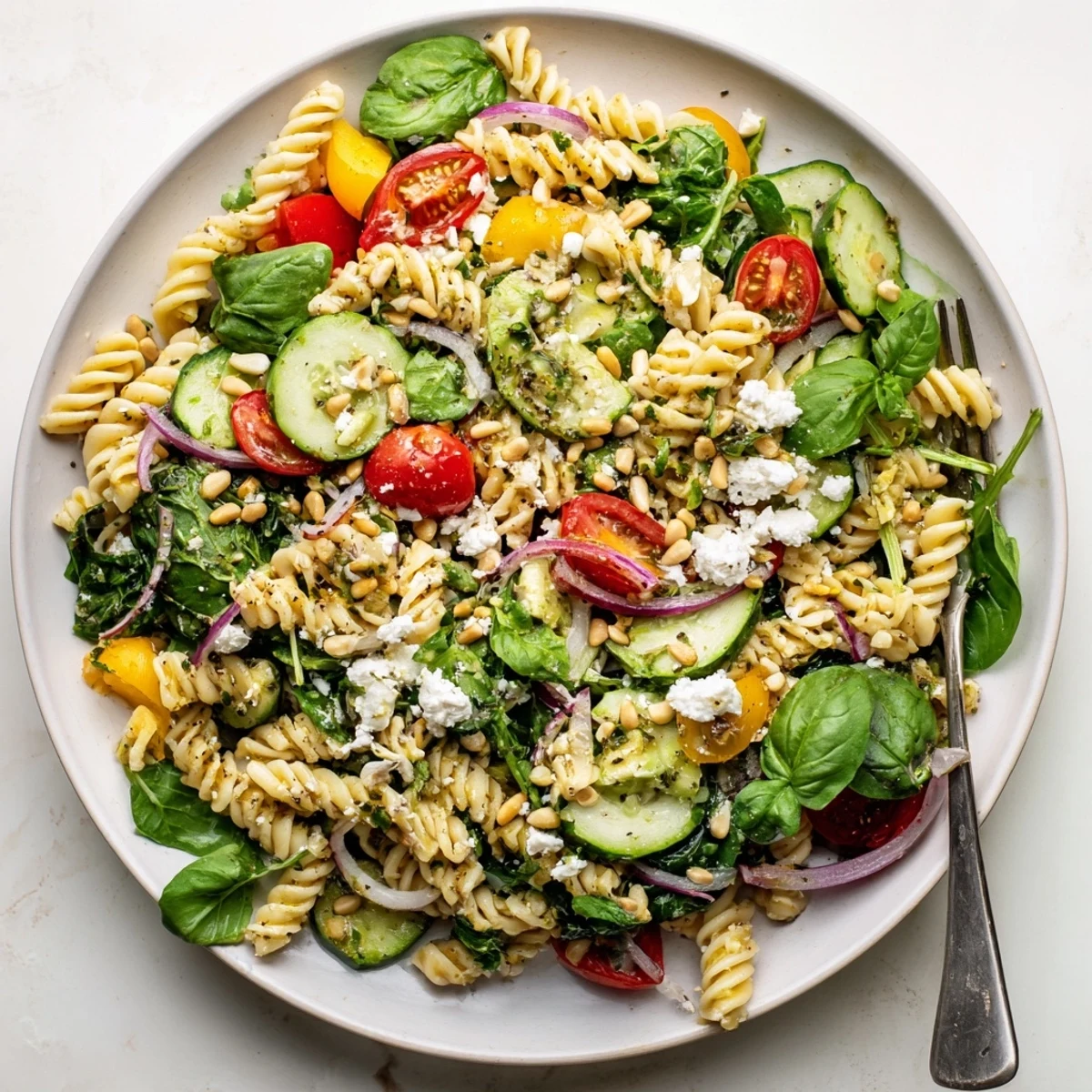 Colorful summer pasta salad with baby greens tossed in bright lemon-herb dressing