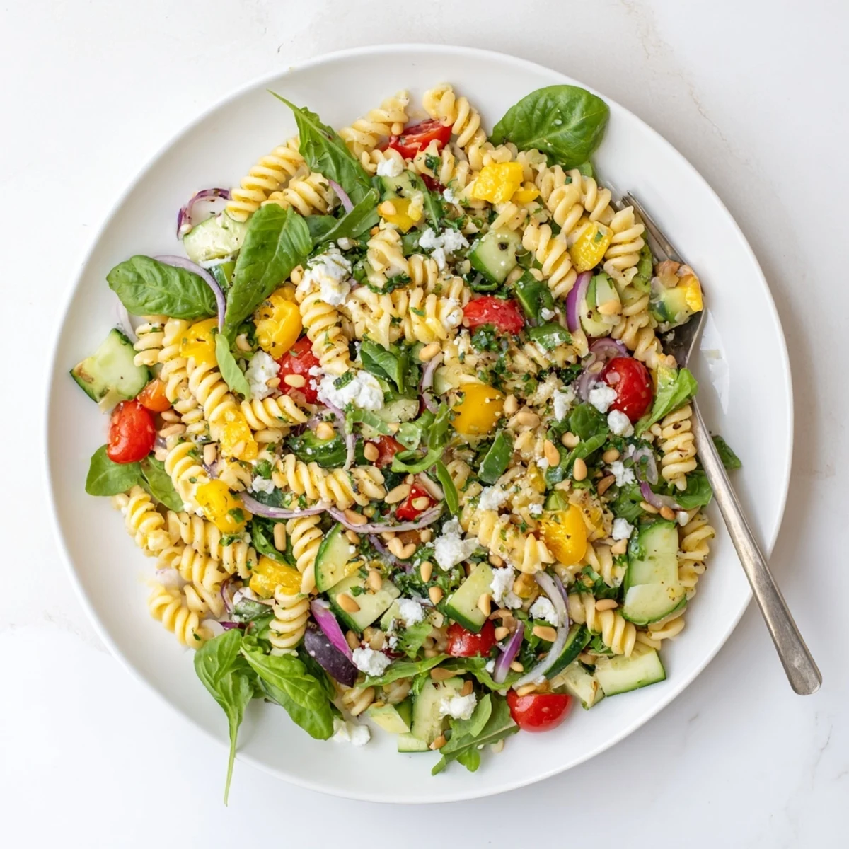 Vibrant bowl of summer pasta salad with baby greens cherry tomatoes and feta