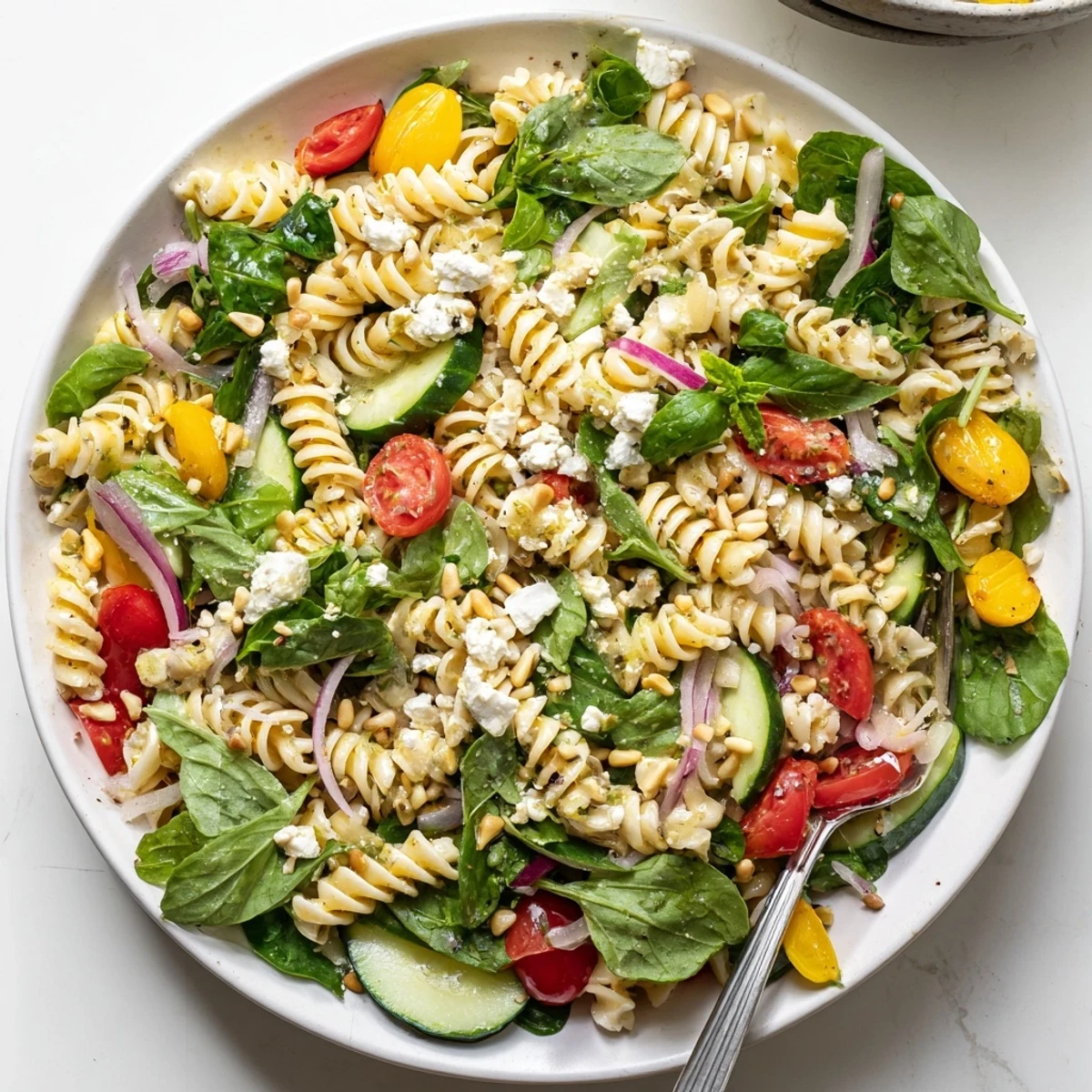 Fresh summer pasta salad featuring crisp vegetables baby greens and zesty vinaigrette