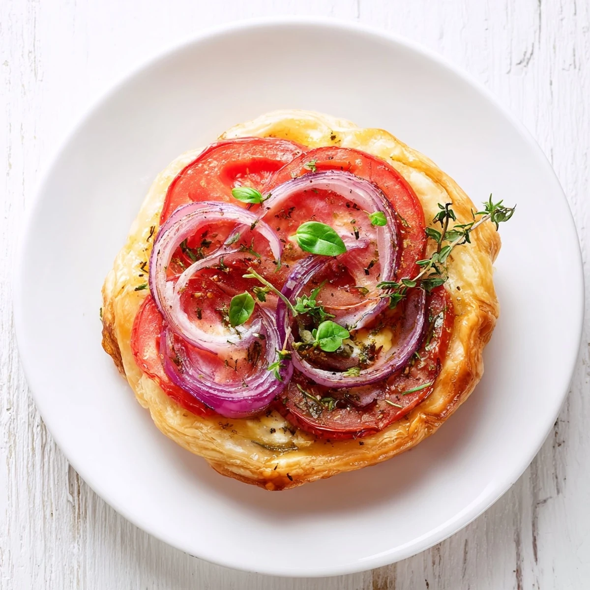 Golden tomato tartlets with puff pastry feature melted goat cheese and fresh herbs on a rustic wooden board