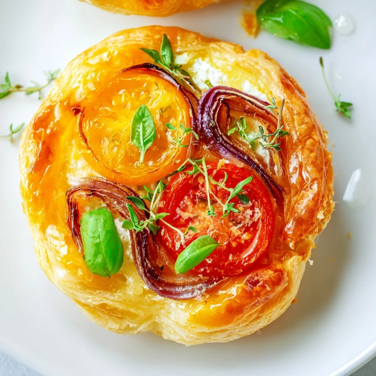 French-style tomato tartlets baked until golden with juicy tomatoes, soft cheese, and fragrant thyme on a white serving plate