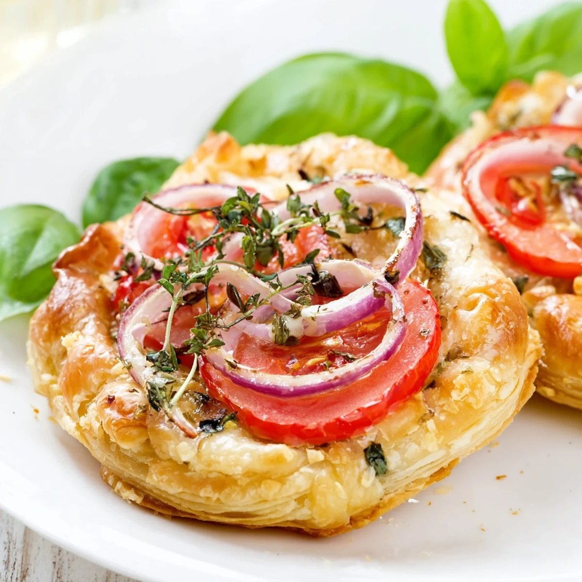 Flaky buttery pastry crust topped with vibrant red tomato slices and creamy cheese garnished with green basil