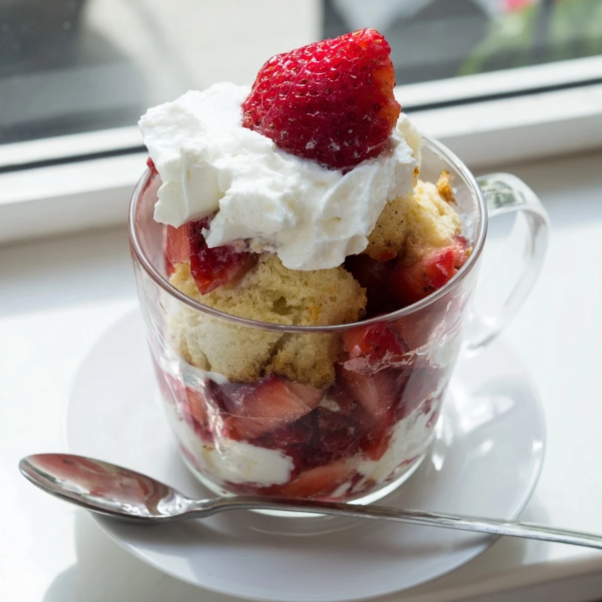 Golden Valentines Strawberry Shortcake Cups layered with juicy red berries and fluffy whipped cream