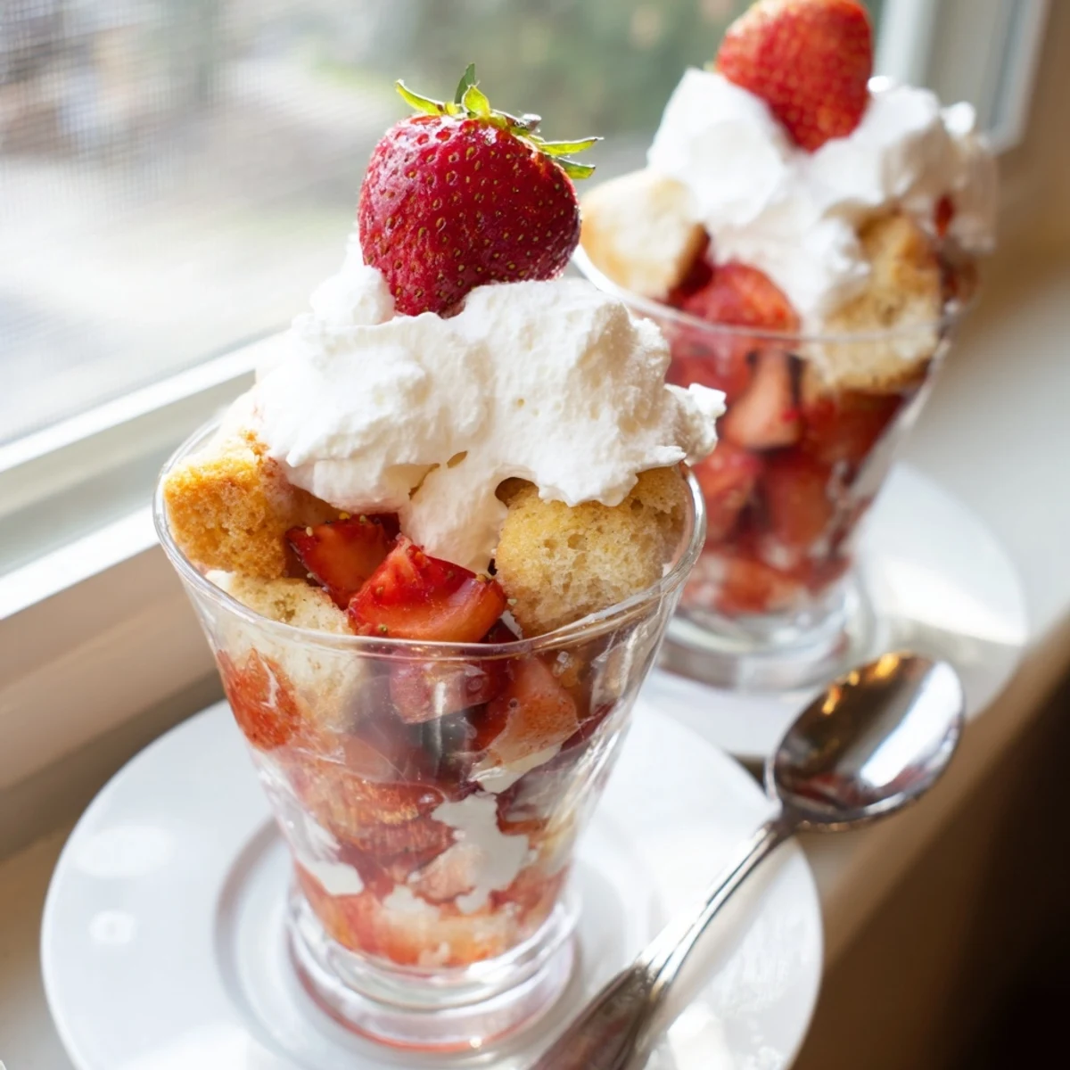 Individual Valentine's dessert cups featuring tender shortcake, macerated strawberries, and vanilla cream topping