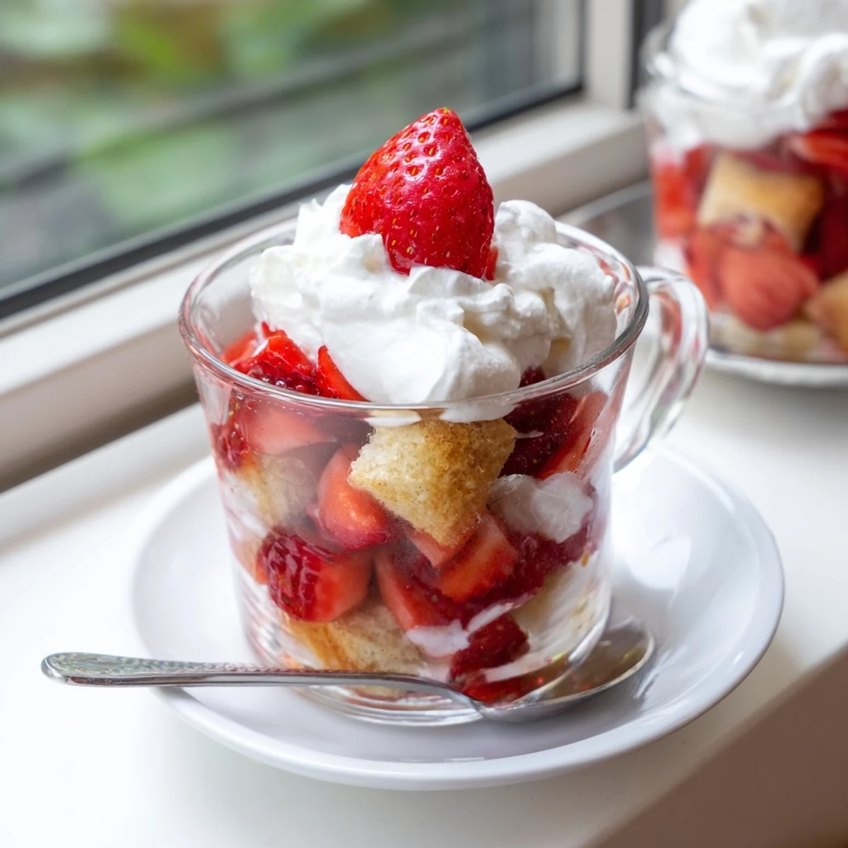 Romantic Valentines Strawberry Shortcake Cups with fresh sweet strawberries stacked in clear glass servings