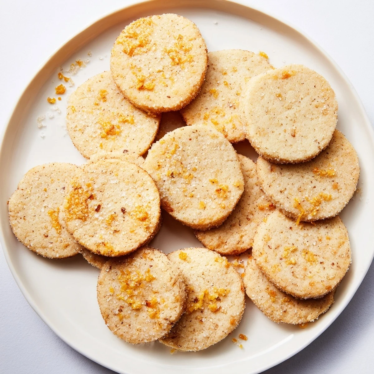 Golden orange clove cookies topped with coarse sugar and fresh zest on a white plate