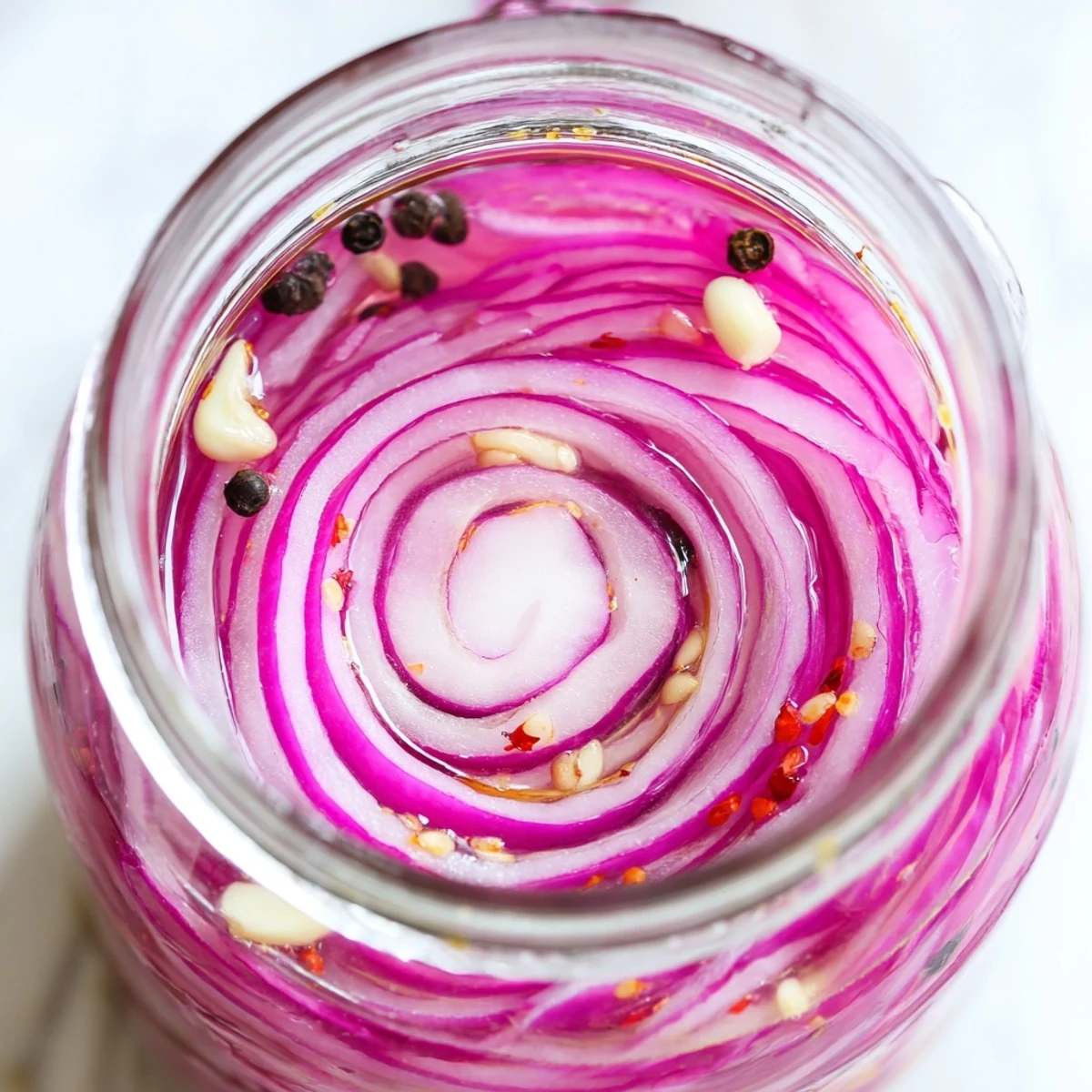 Spoon lifting bright red hot honey pickled red onions from a mason jar for serving