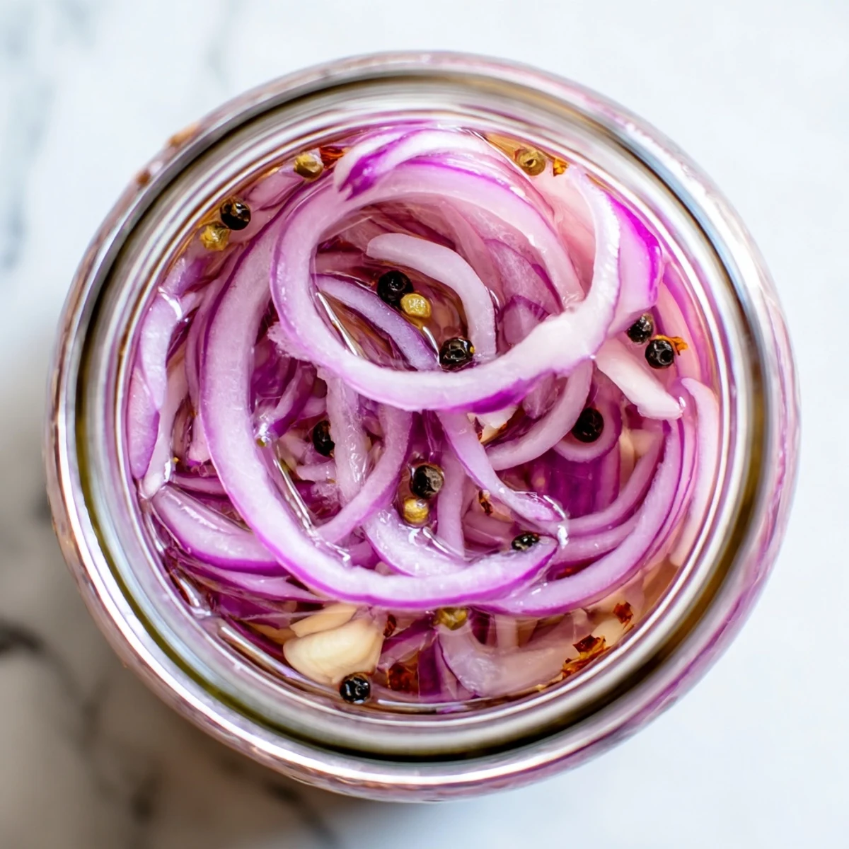 Glass jar filled with vibrant hot honey pickled red onions submerged in golden brine