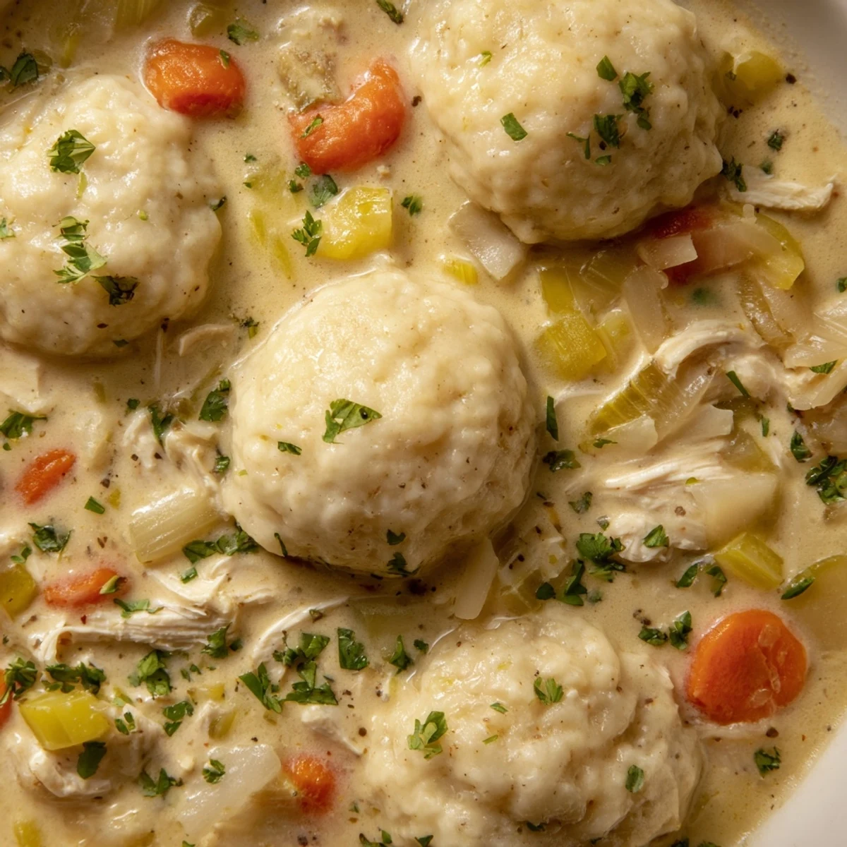 Golden chicken and fluffy biscuit dumplings swimming in a rich creamy broth bowl
