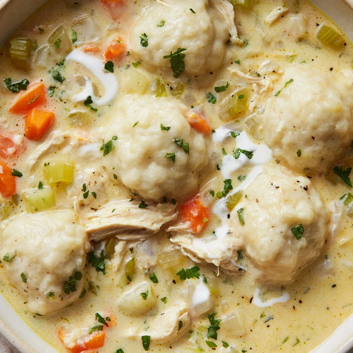 Comforting chicken and dumplings with tender meat and buttery biscuits in savory soup