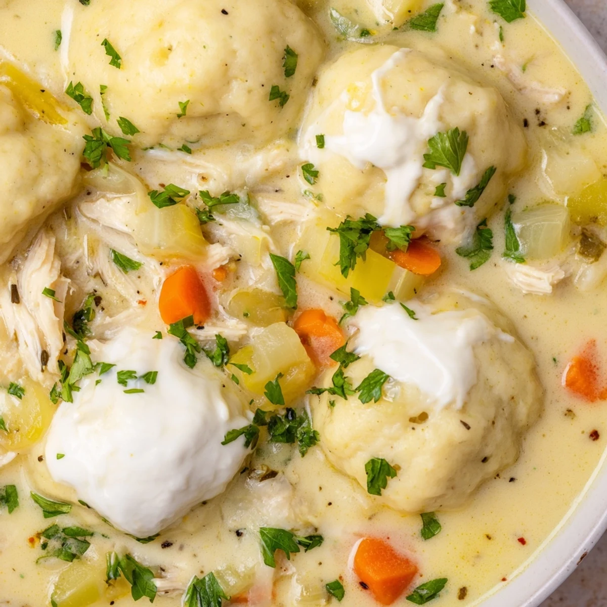 Steaming chicken and dumplings featuring fluffy biscuit toppings over a creamy vegetable-rich broth