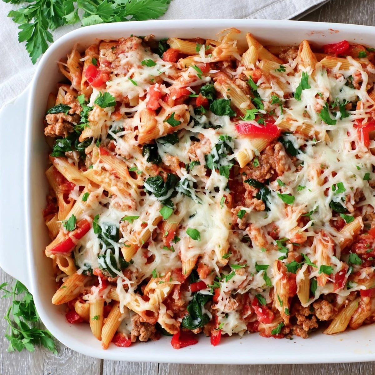 Bubbling homemade ground turkey pasta bake fresh from oven with tomato sauce and lean meat