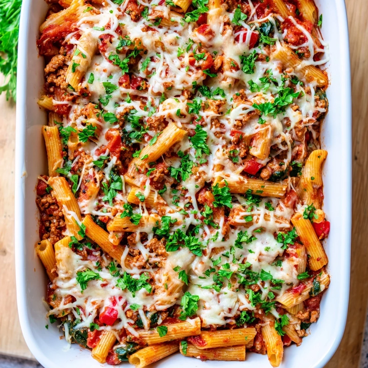Golden cheesy homemade ground turkey pasta bake with melted mozzarella and fresh basil garnish