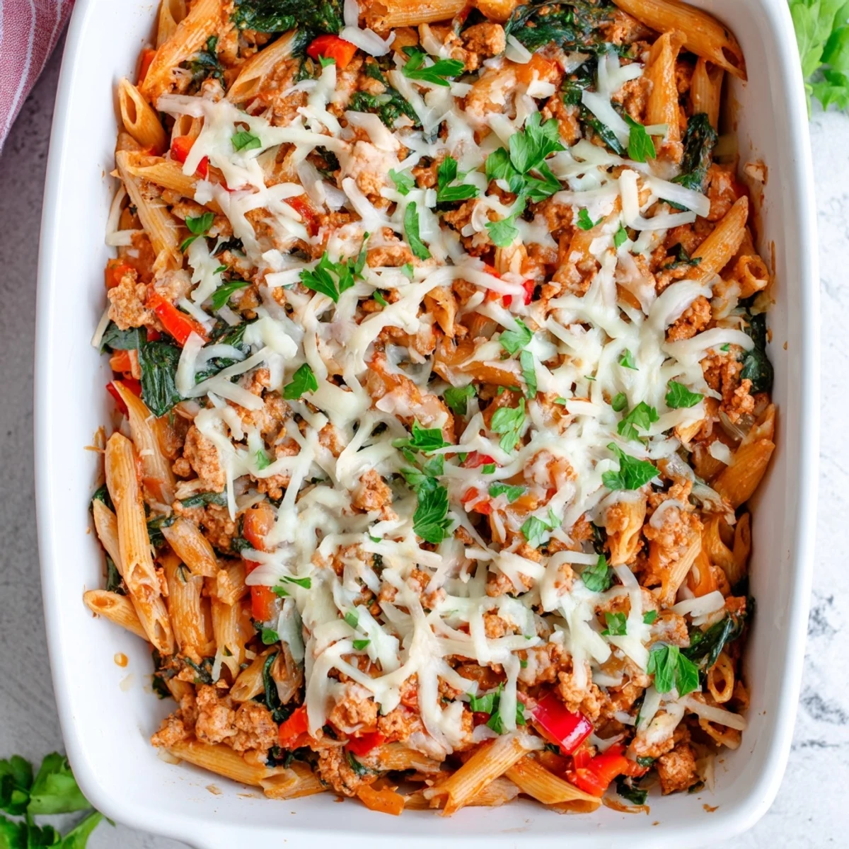 Comforting homemade ground turkey pasta bake casserole with penne, spinach, and Parmesan cheese topping